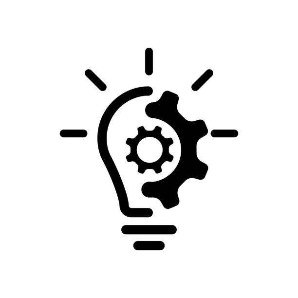 Creative idea line icon. Lump with gear icon. Brain in lightbulb vector illustration. Thin sign of innovation, solution, education logo. Vector EPS 10. Isolated on white background.